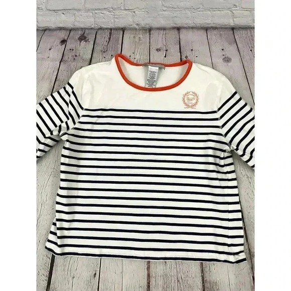Sag Harbor Sport Striped Shirt Petite Medium 3/4 Sleeves Orange Trim Women's - Picture 8 of 11